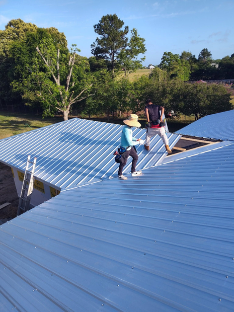 Two people sitting on a blue metal roof with trees and blue sky in the background