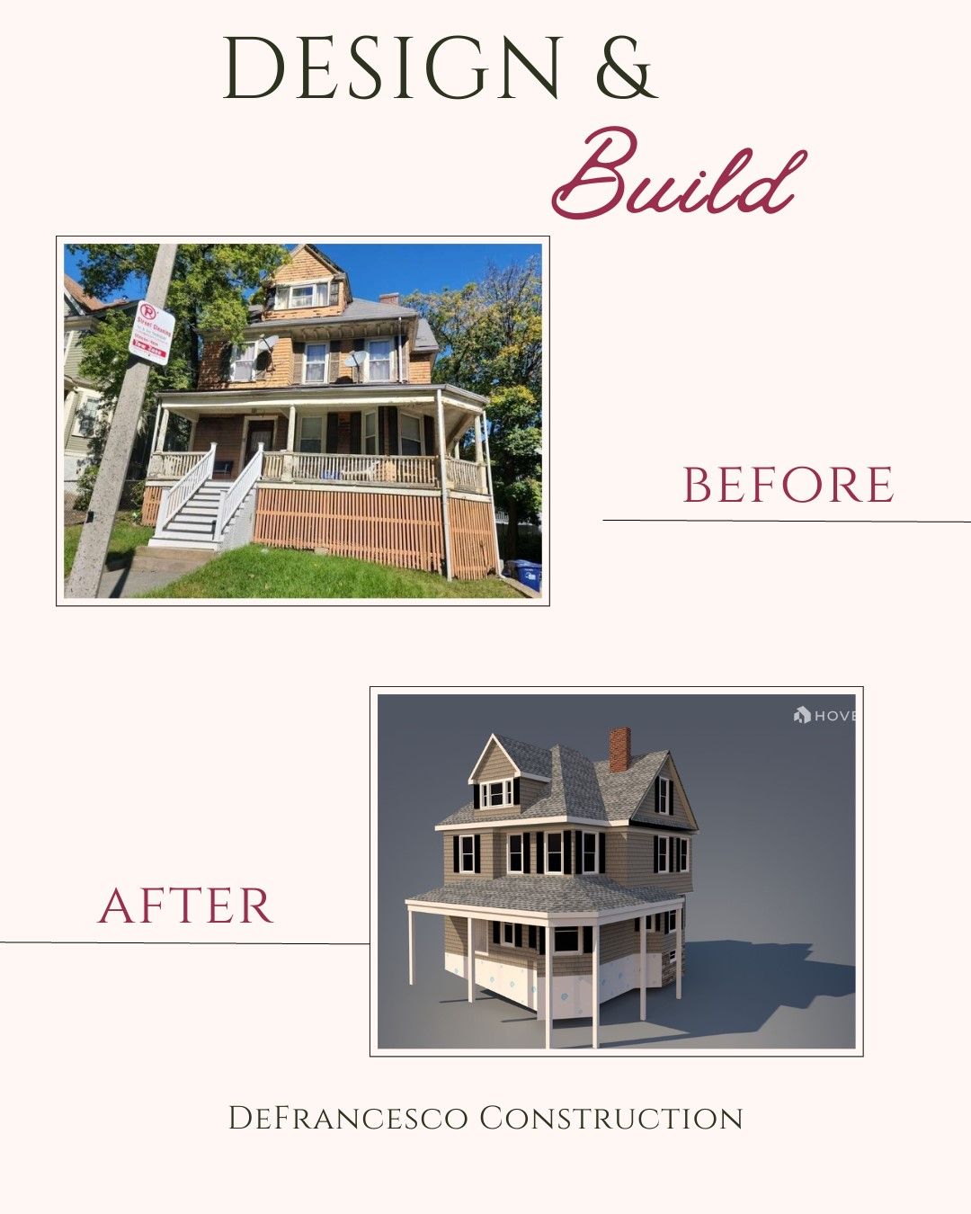 A before and after picture of a house with a porch.