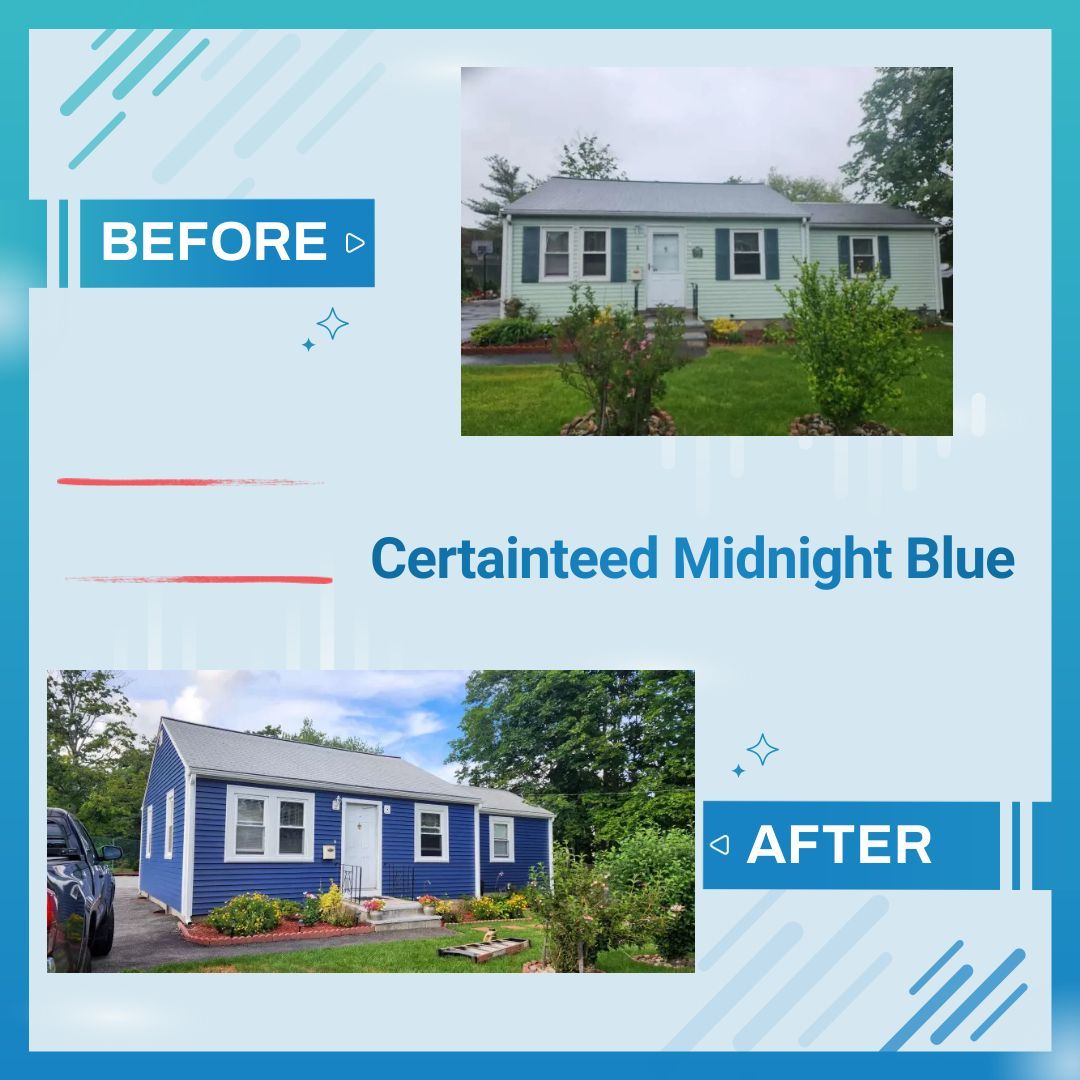 A before and after picture of a house painted midnight blue