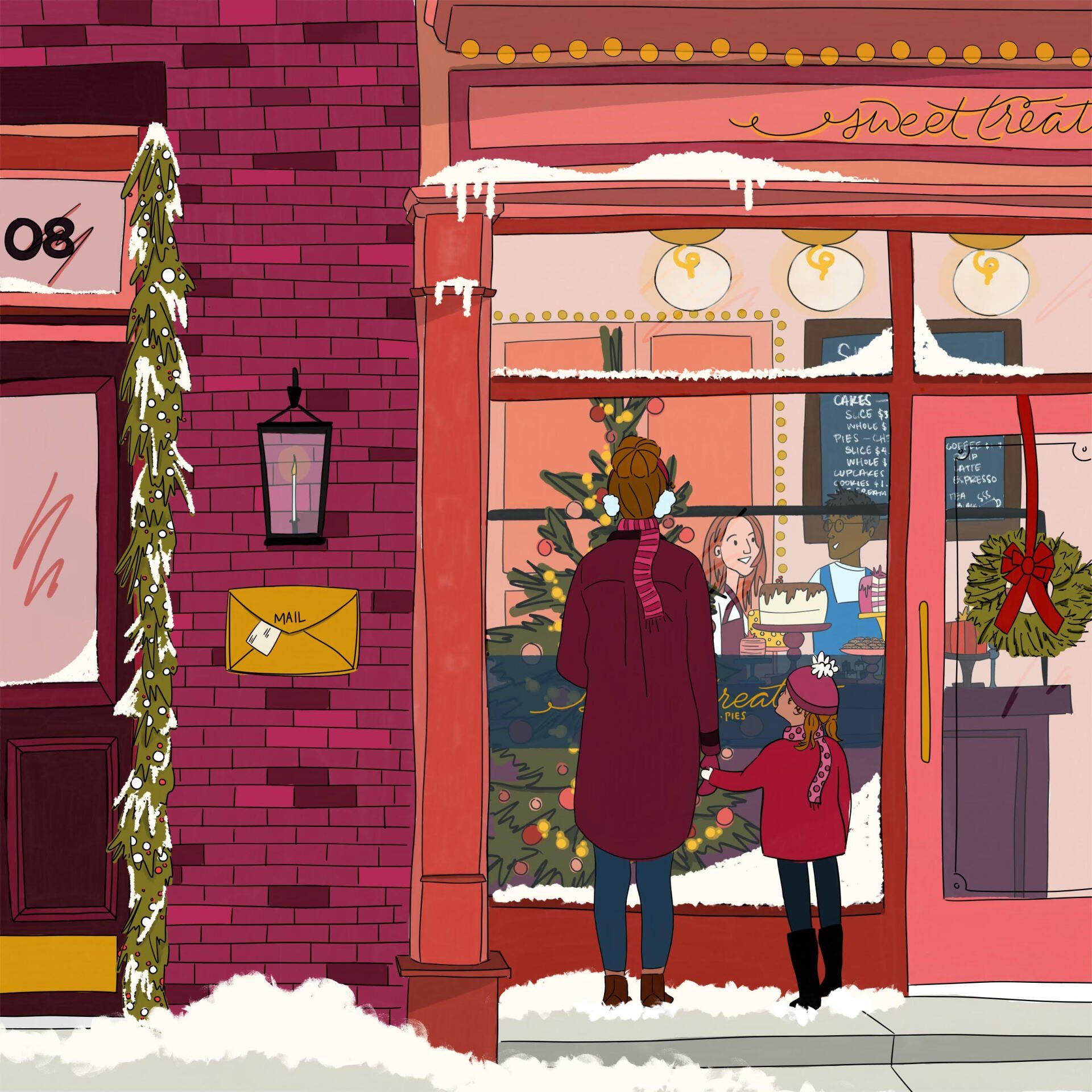 A woman and child are standing outside of a store with a christmas tree in the window