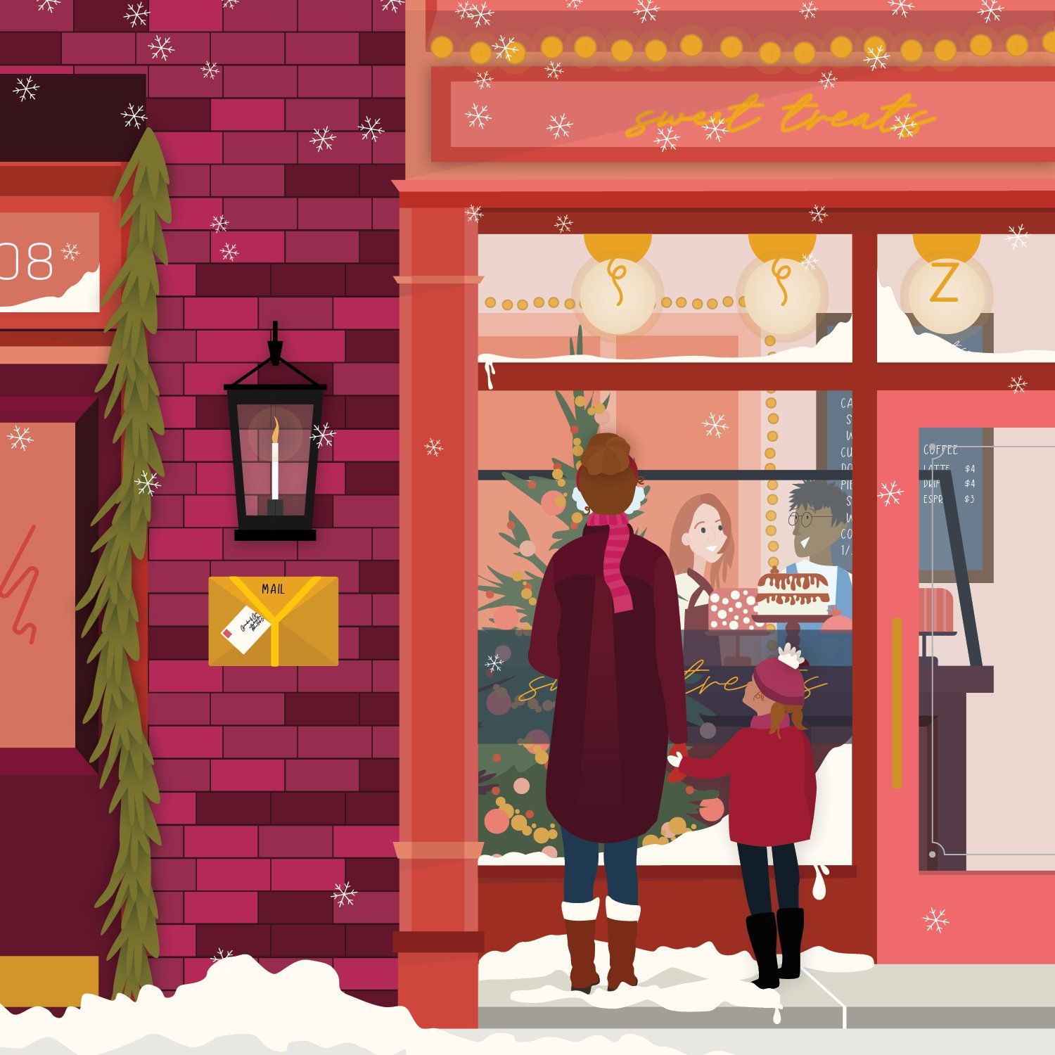 A woman and a child are standing outside of a store