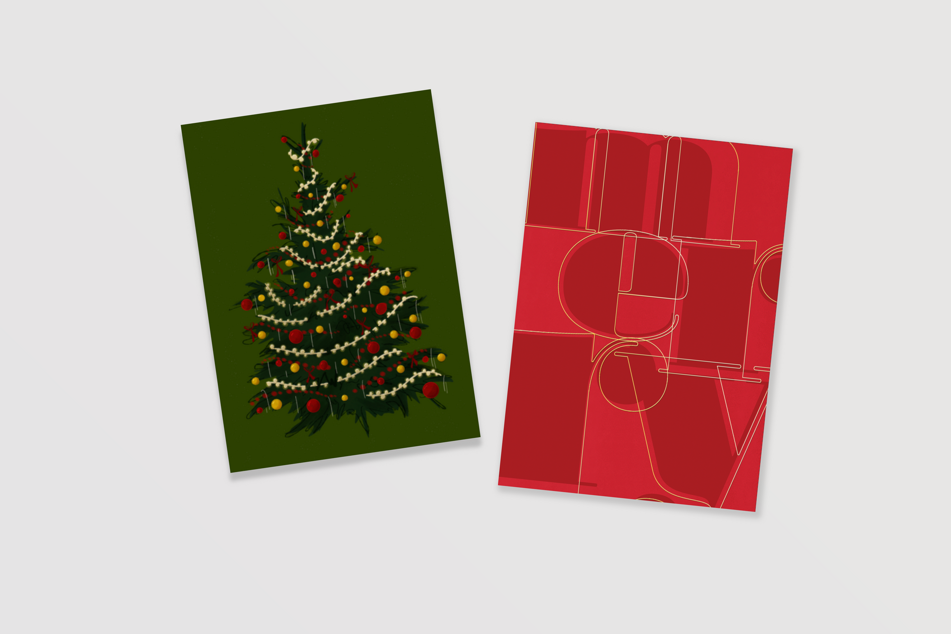 A green and red christmas card with a christmas tree on it