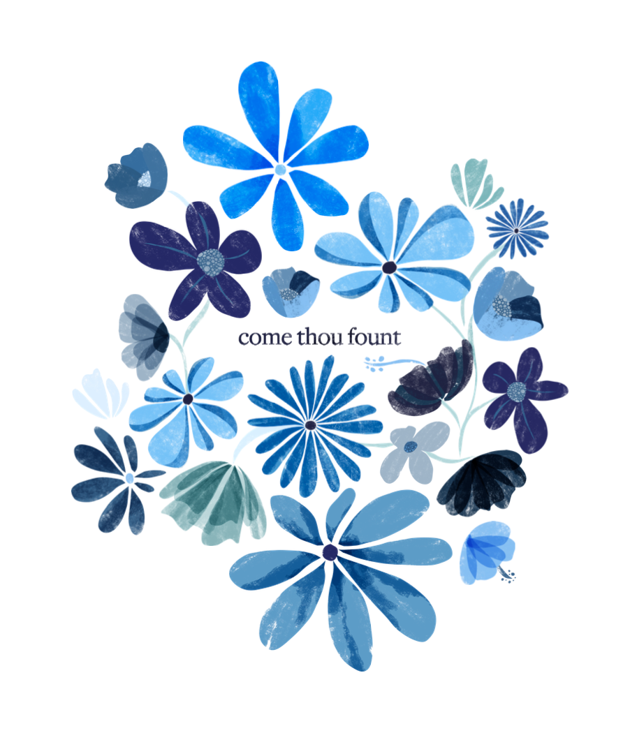A bunch of blue flowers with the words come thou fourt on the bottom