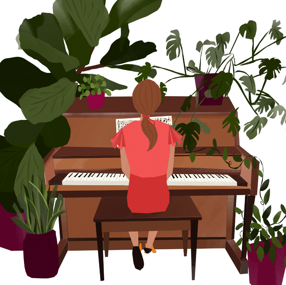A woman is sitting at a piano surrounded by potted plants.