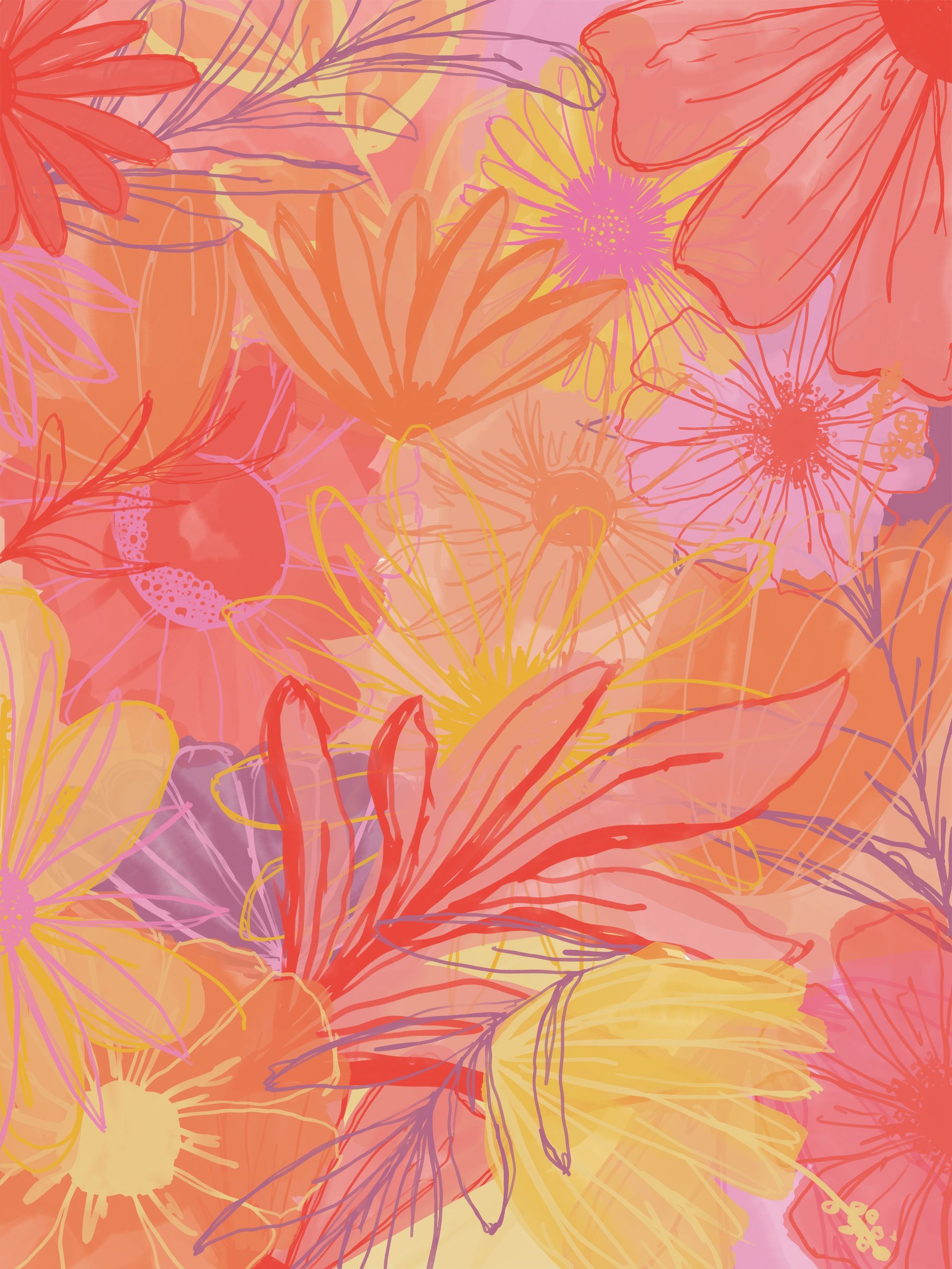 A bunch of pink and yellow flowers on a pink background.