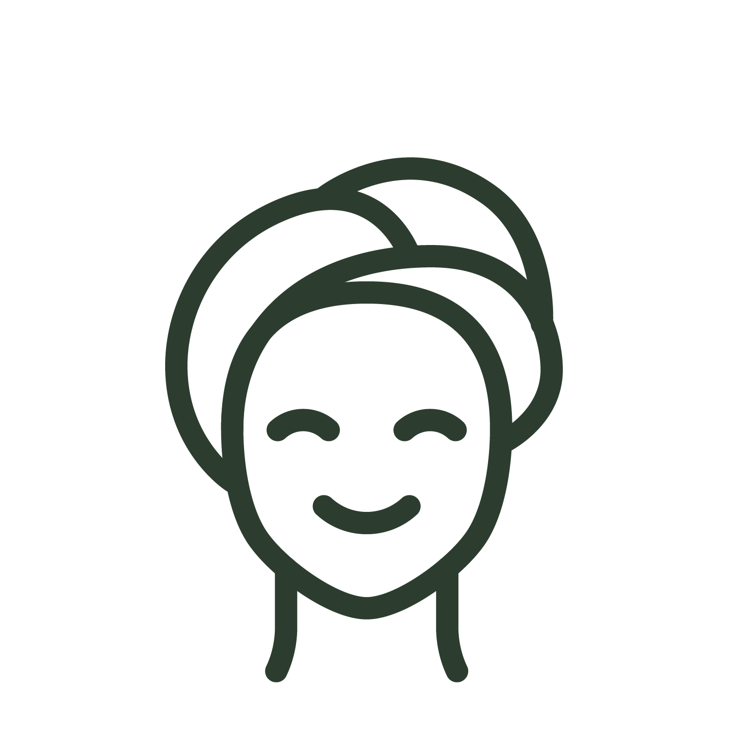 A simple, dark green line icon of a person's face wrapped in a towel, smiling with closed eyes.