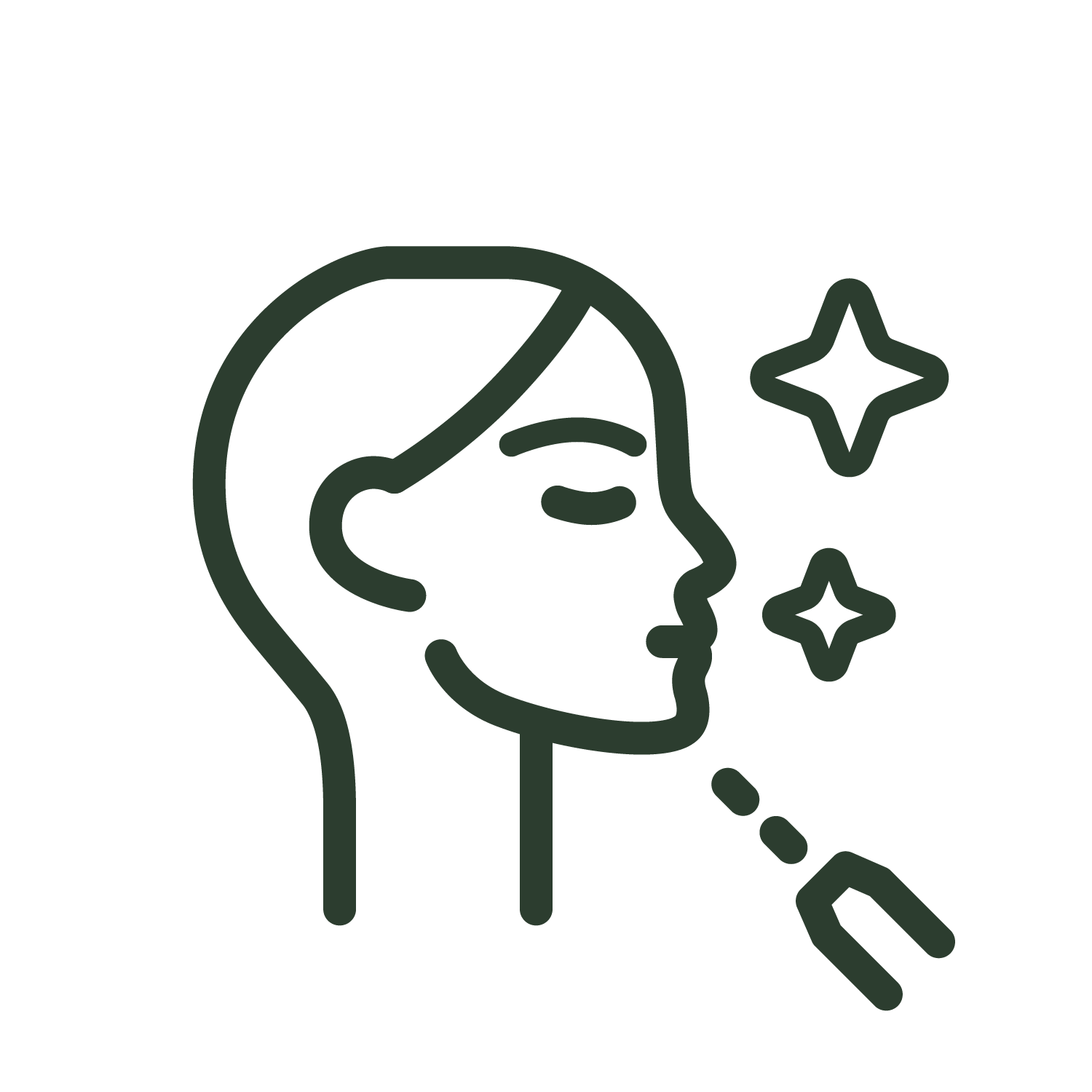 Line icon of a person's profile with stars nearby and a focused beam or tool pointing toward the jawline.