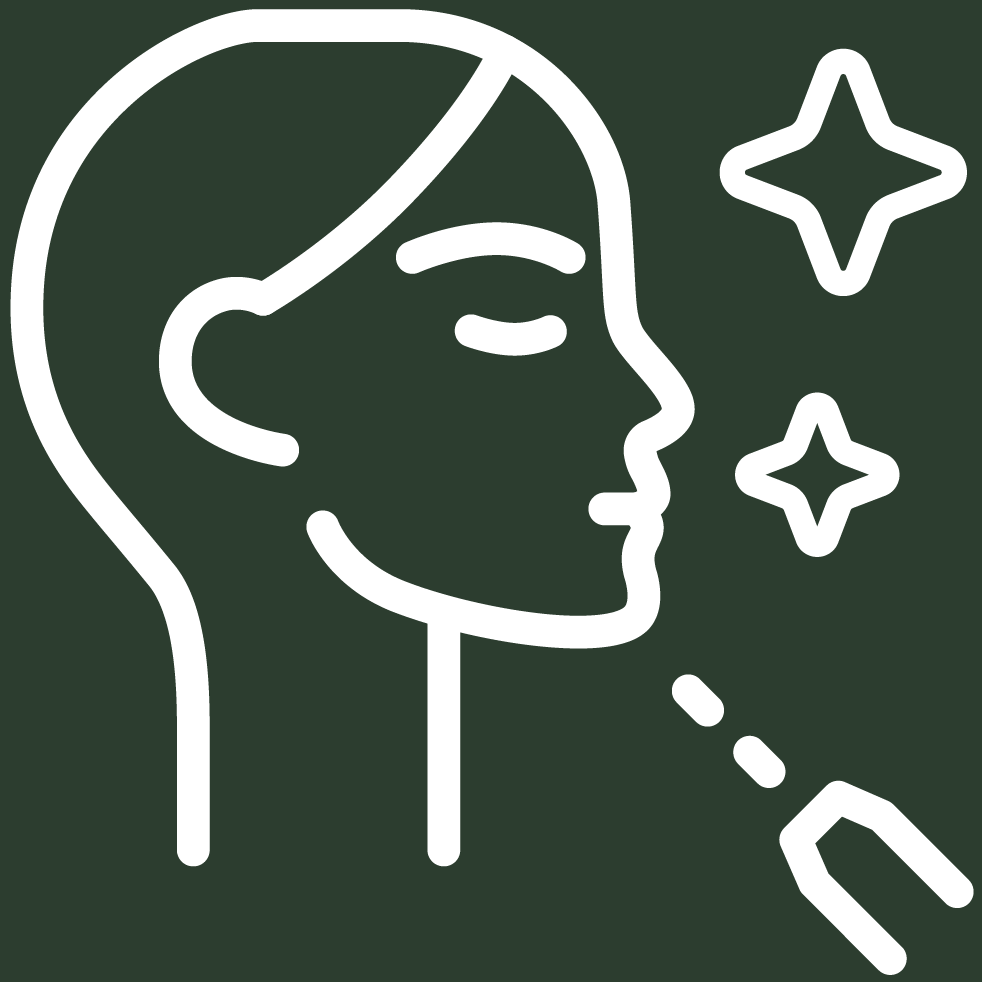 White line icon of a face with sparkles on a dark green circle background