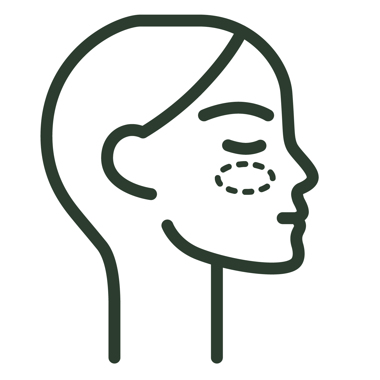 Line art profile of a human head with a dashed oval highlighting the cheek area.