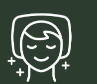 White line icon of a smiling face with short hair and sparkles on a dark green background