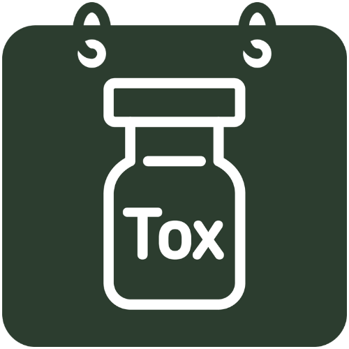 A dark green icon of a medicine vial with the text