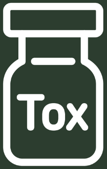White “Tox” bottle icon on a dark green rounded-square background
