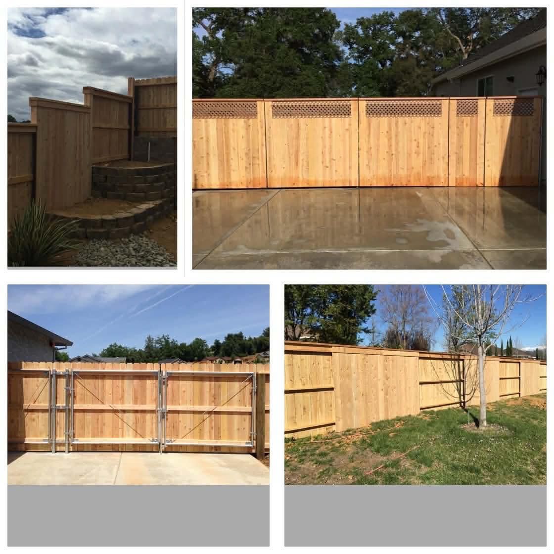 Collage of a new light wood privacy fence with gates in a backyard setting