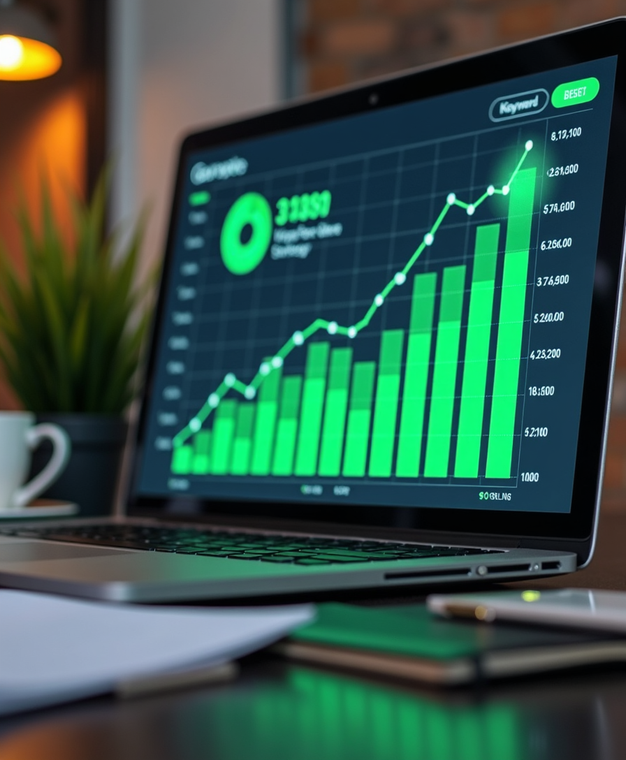 Close-up of a laptop showing keyword rankings and traffic reports from a Google SEO campaign, highlighting search volume, growth trends, and buyer intent.