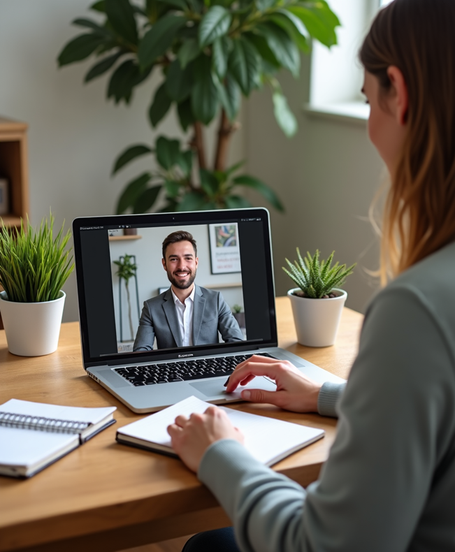 Marketing expert on a video call with a business owner, discussing keyword selection and pay-per-result SEO strategy in a casual, professional setting.