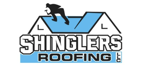 Shinglers Roofing logo with blue roof outline and a roofer silhouette above bold black text