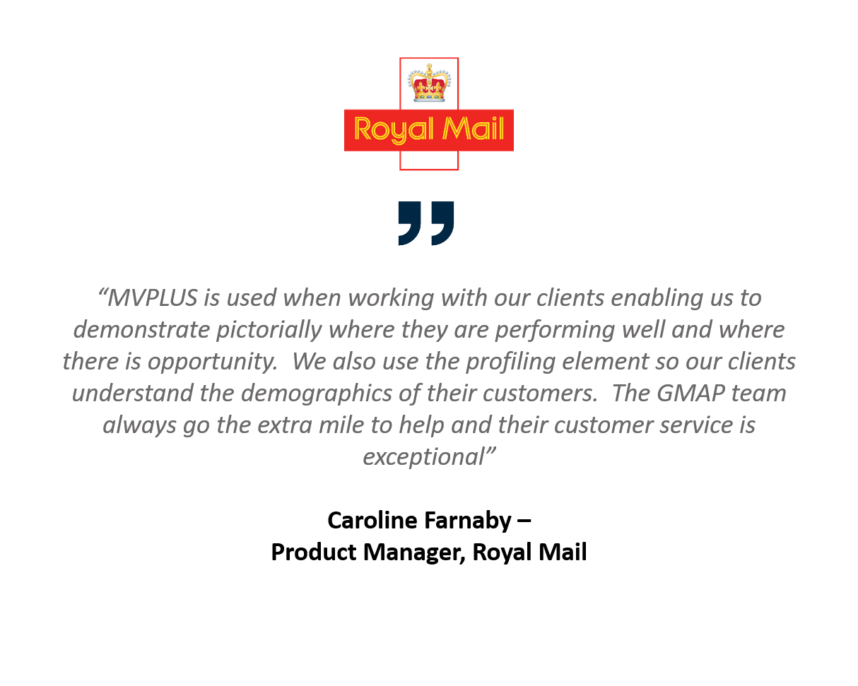 Royal Mail use GMAP’s location intelligence software MVPLUS to inform their customers mail drop activities