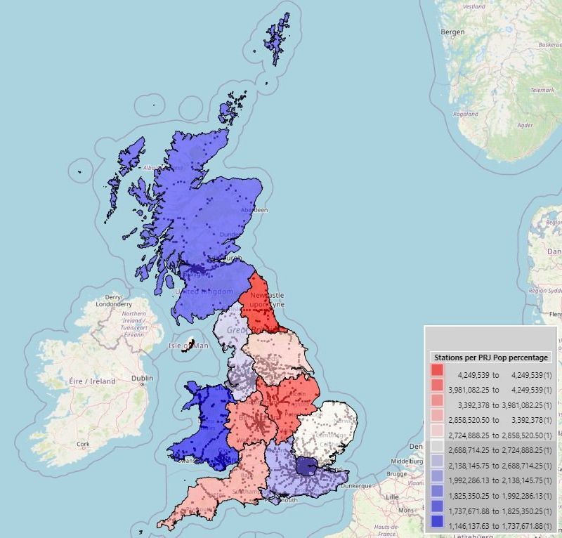 Percentage of Train Stations per Projected Population at Postcode Sector