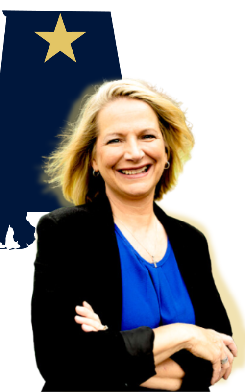 Smiling woman in black blazer and blue blouse standing before a dark blue state silhouette with a gold star