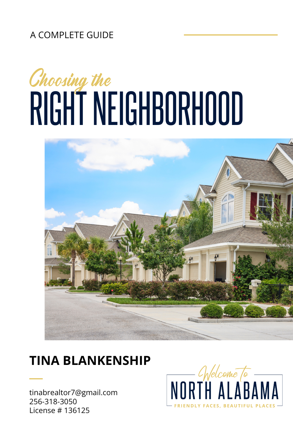 Book cover titled “Choosing the Right Neighborhood” with suburban homes and a blue sky.