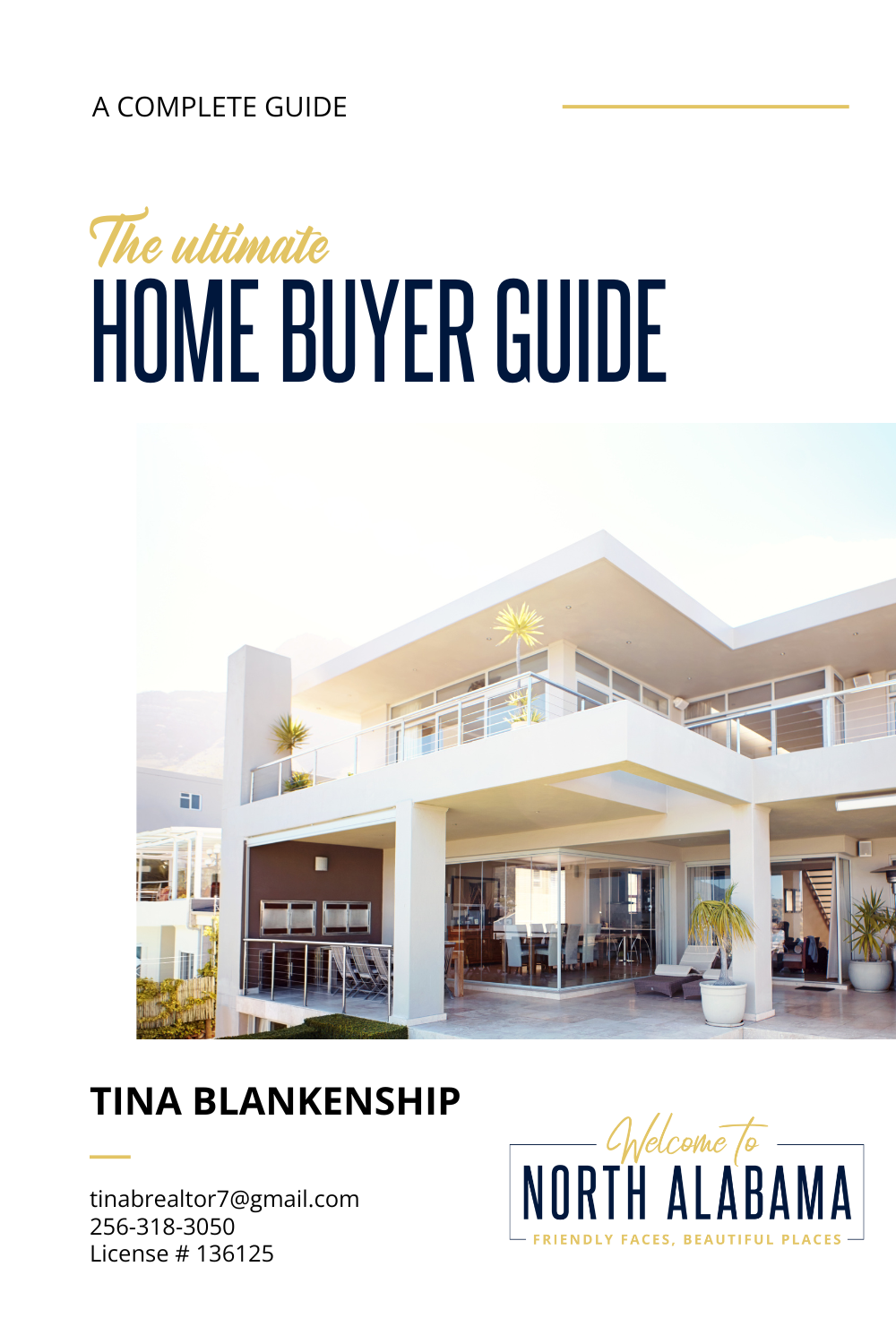 Cover of “The Ultimate Home Buyer Guide” for North Alabama with a modern house photo and Tina Blankenship’s name.