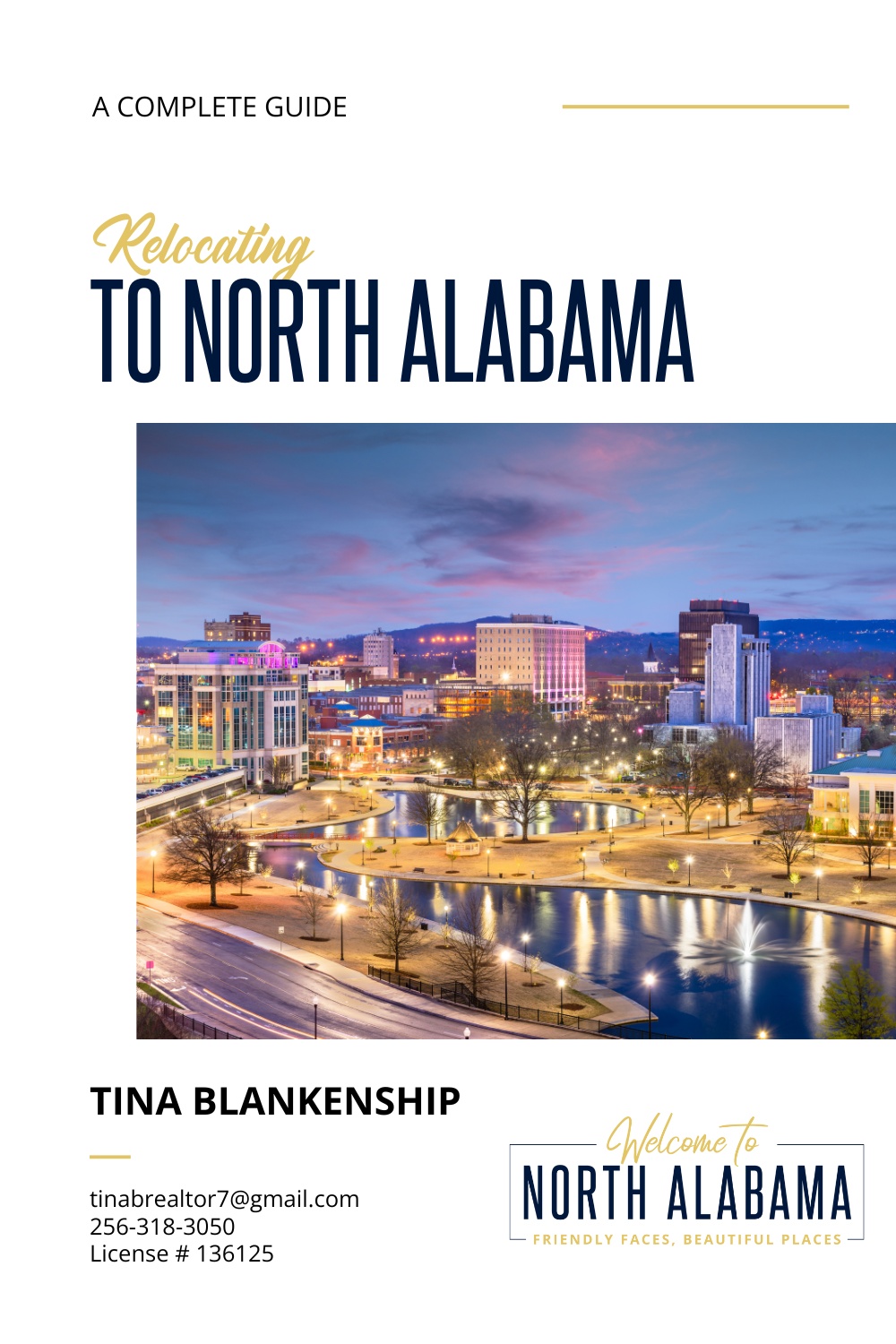 Book cover for “Relocating to North Alabama” with a city skyline at dusk and author Tina Blankenship.