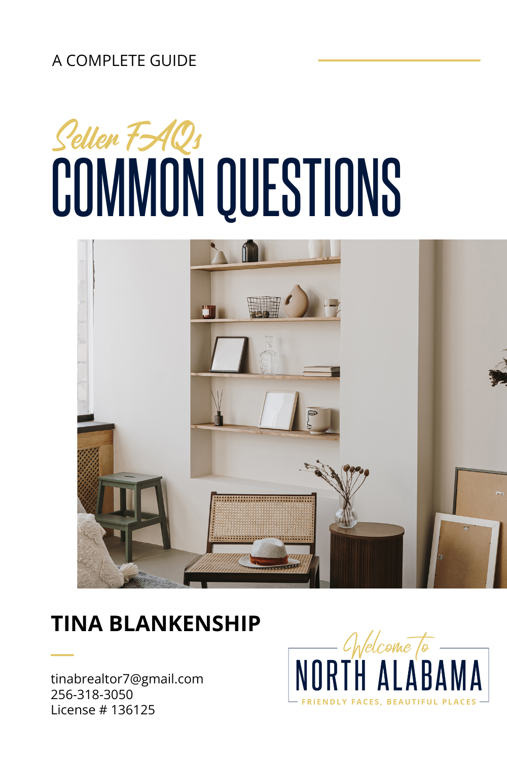 Guide cover for salon FAQs, with beige interior photo and text for Tina Blankenship and North Alabama