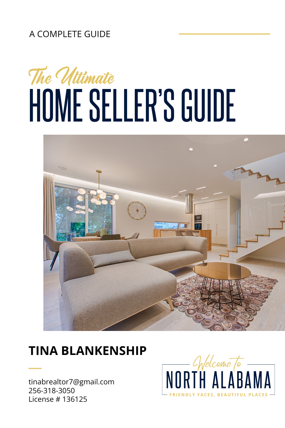 Cover of “The Ultimate Home Seller’s Guide” with a bright modern living room and stairs, by Tina Blankenship.