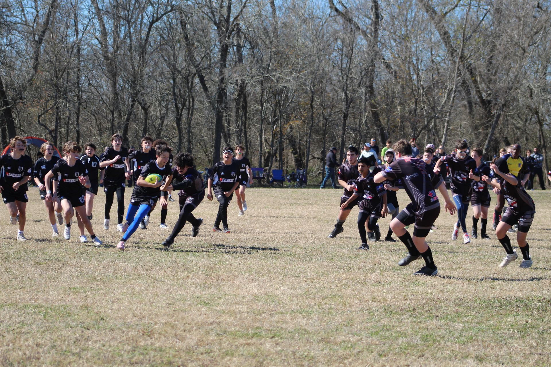 Rugby game in progress on a grassy field. Players in black uniforms chase the ball. Bare trees in background.