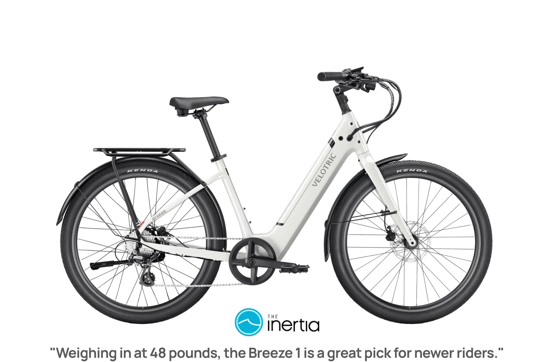 White electric cargo bike with rear rack and fenders on a white background.
