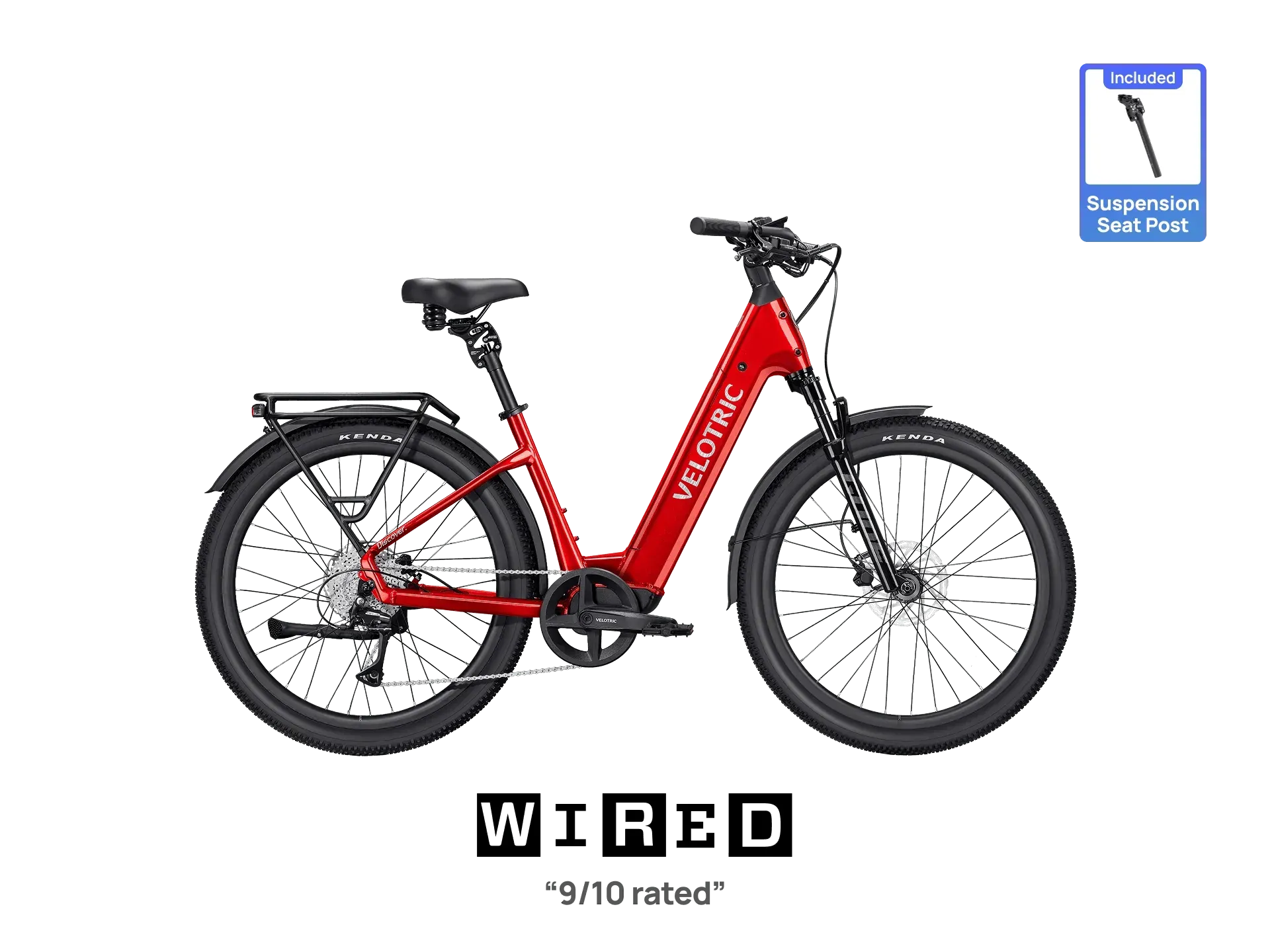 Red Wired electric cargo bike with rear rack on a white background.