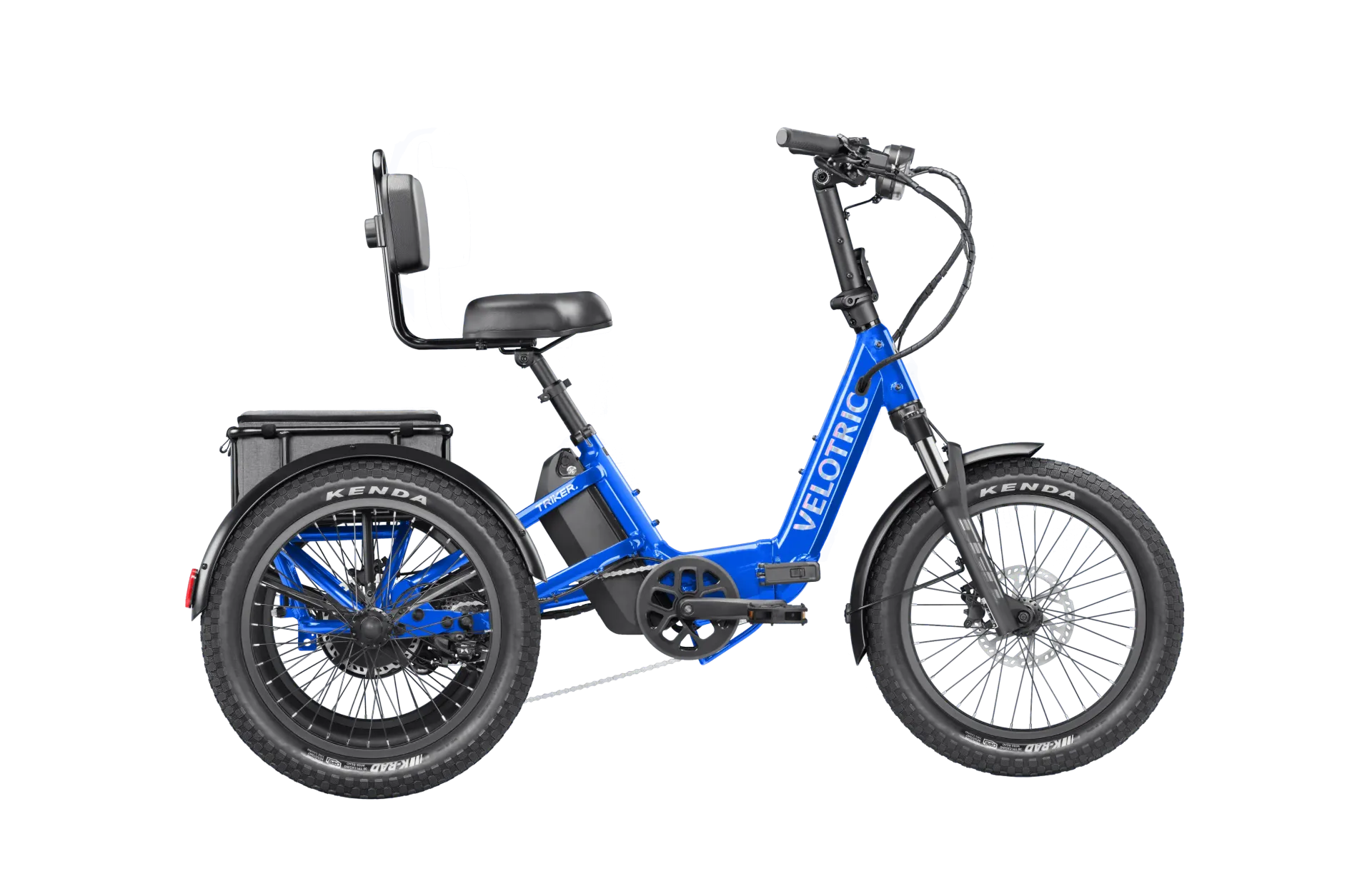 Blue electric tricycle with rear cargo box and front basket on a white background