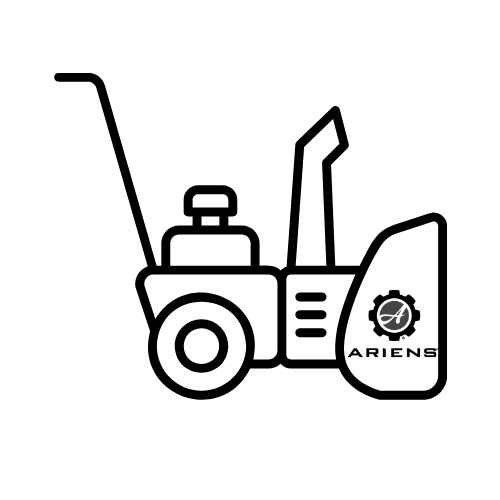 Black line icon of an Ariens snowblower or snowthrower with the Ariens logo on the front shield