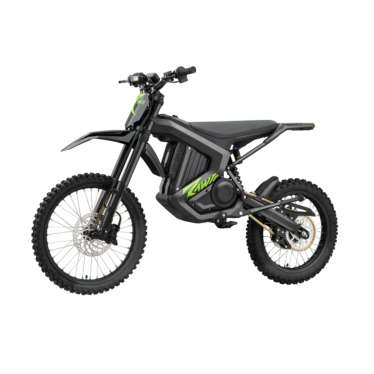 Black electric dirt bike with knobby tires, shown in side view on a white background