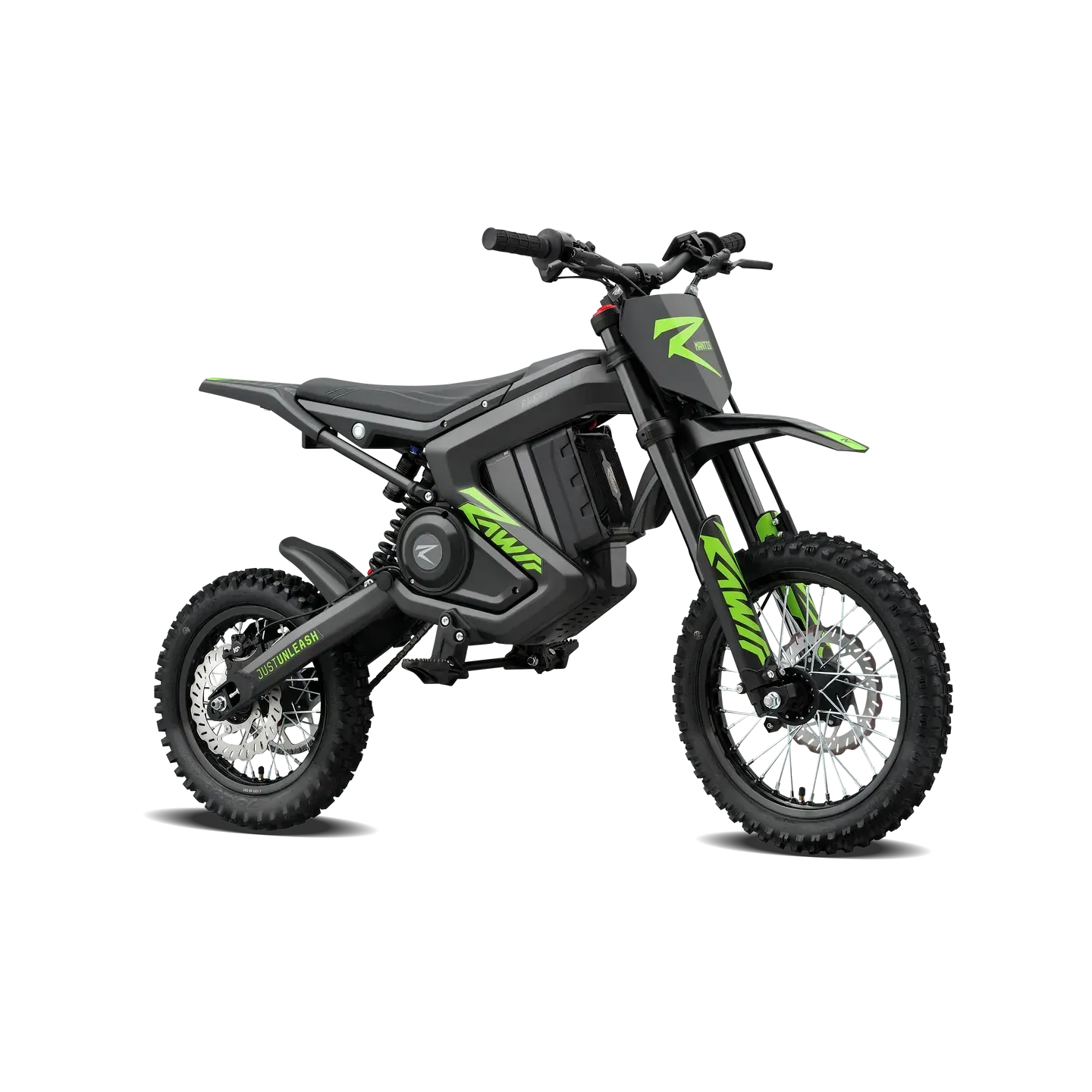 Black and green electric dirt bike on a white background