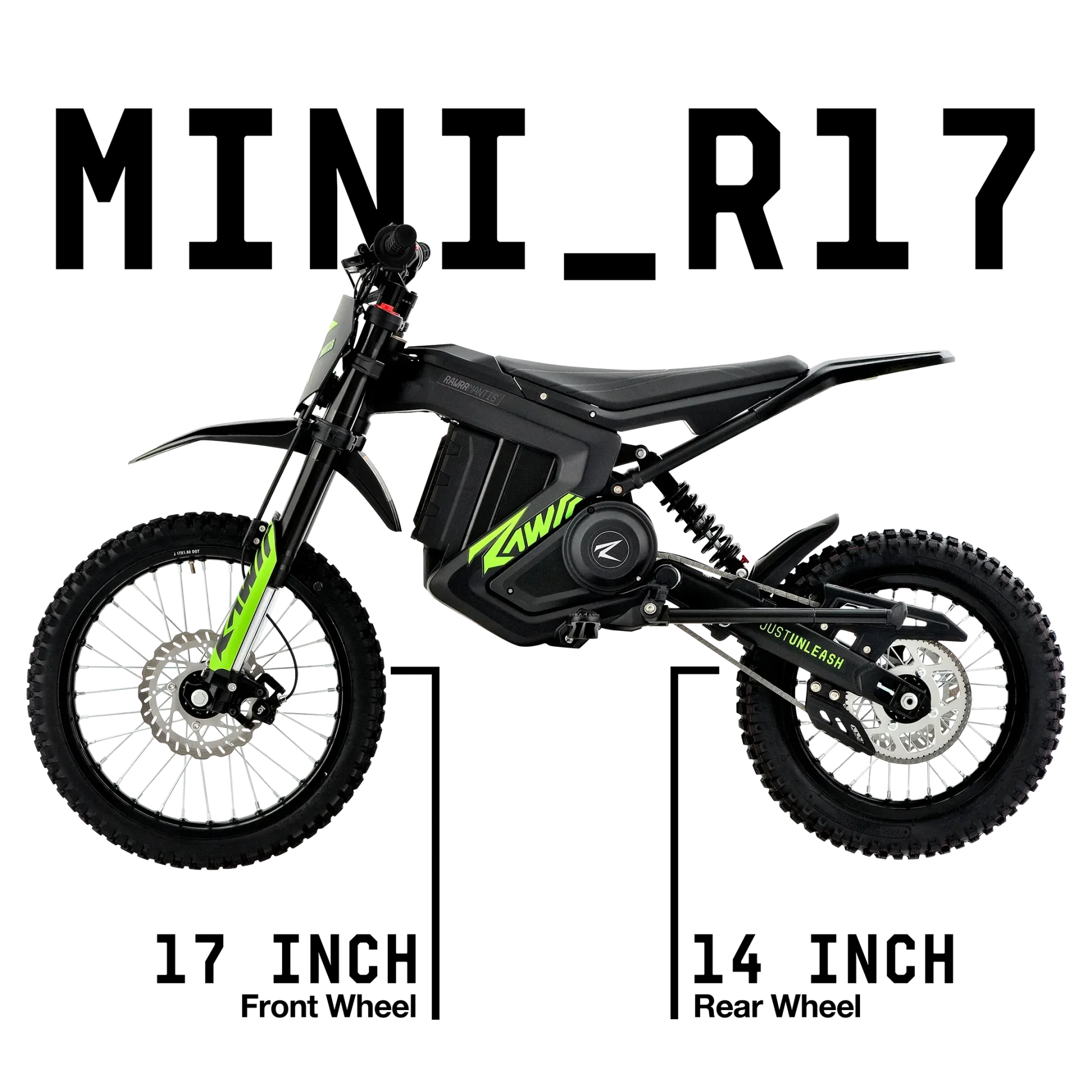 Black mini dirt bike labeled “MINI_R17” with 17-inch front wheel and 14-inch rear wheel.