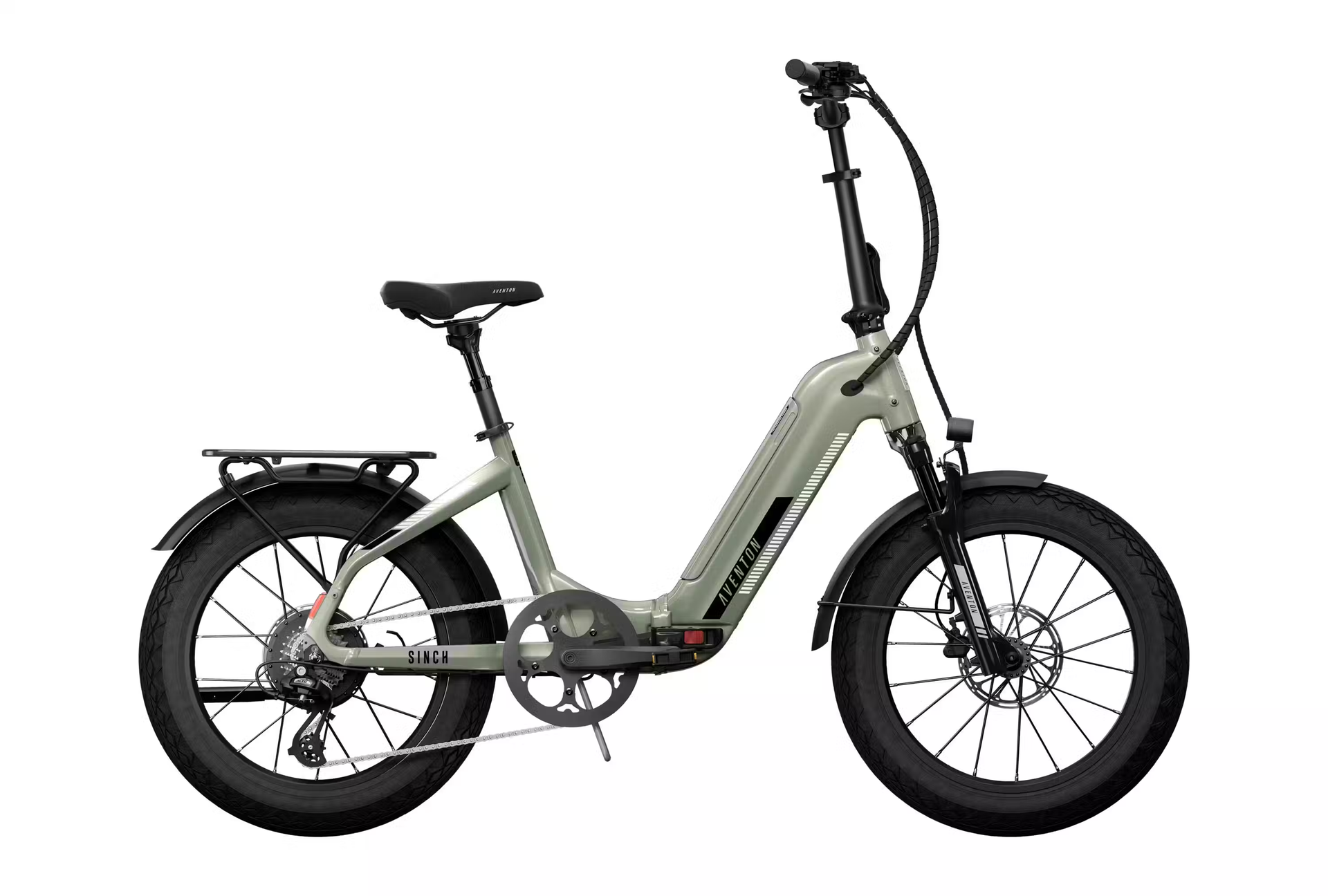 Olive-green electric bicycle with thick tires and rear rack on a white background