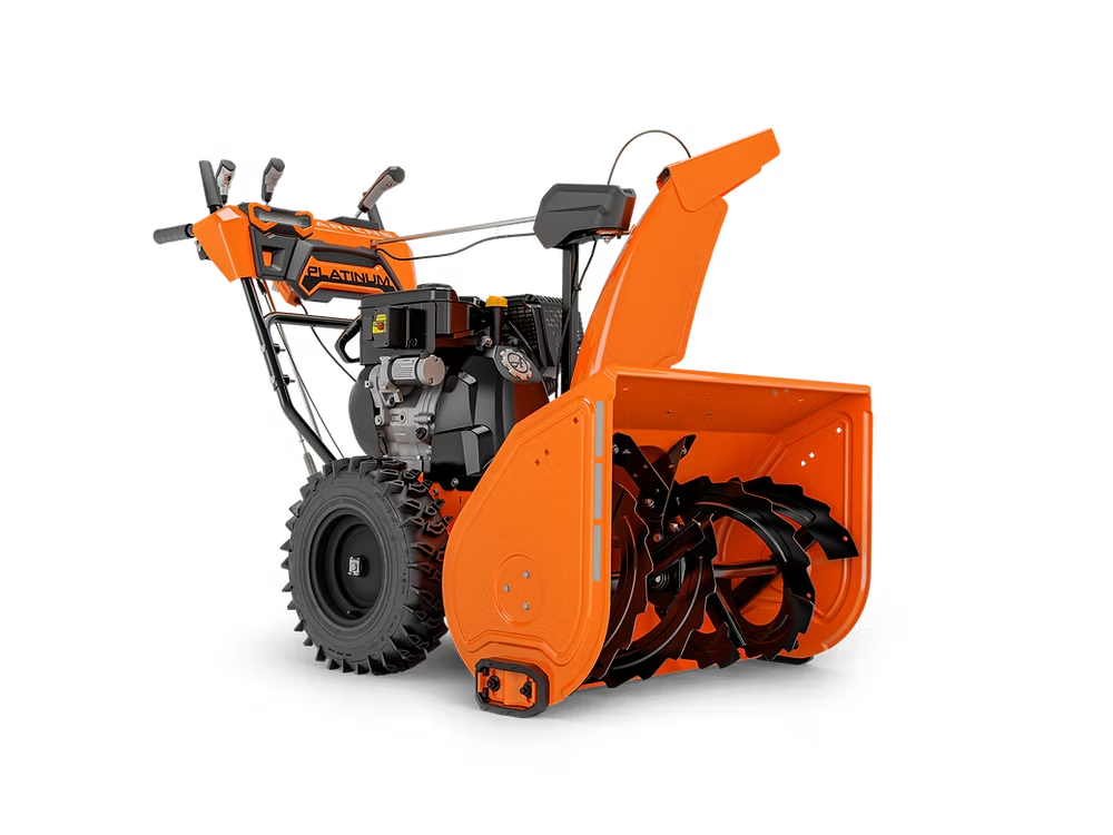 Orange snow blower with black auger and wheels, shown on a white background