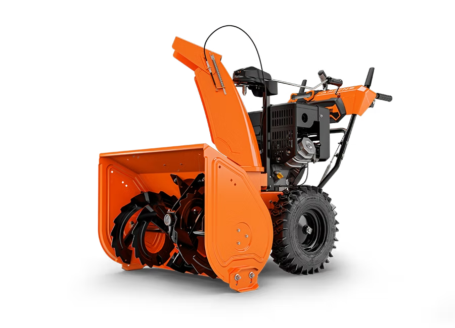Orange snow blower with exposed front auger and large black tires on a white background