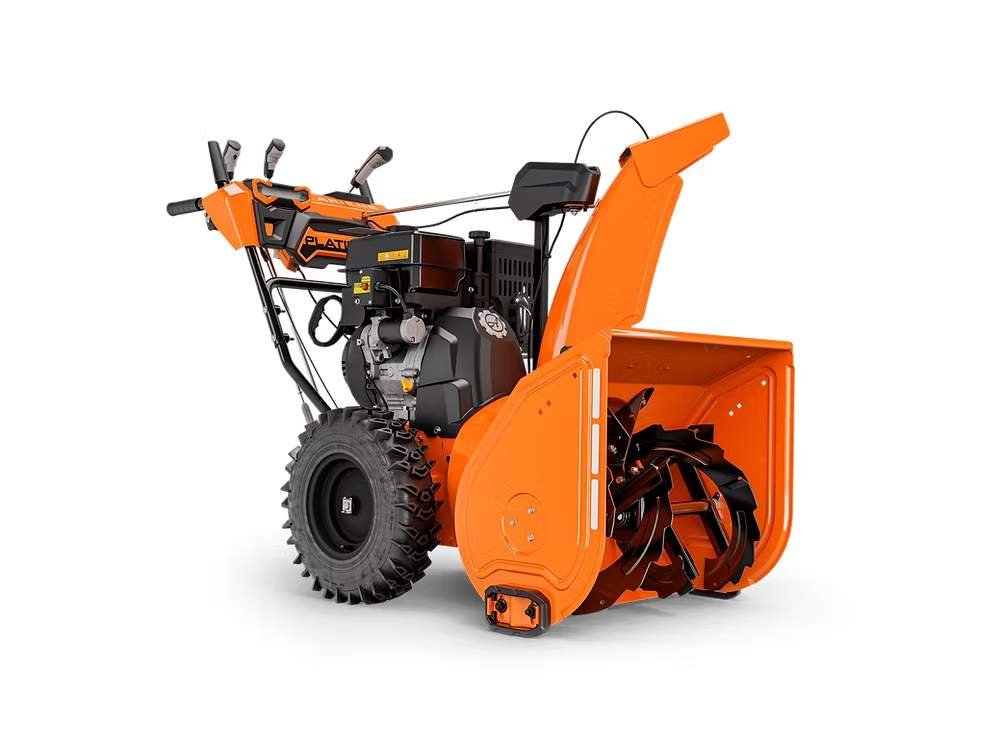 Orange snow blower with black wheels and handles, front auger visible on a white background