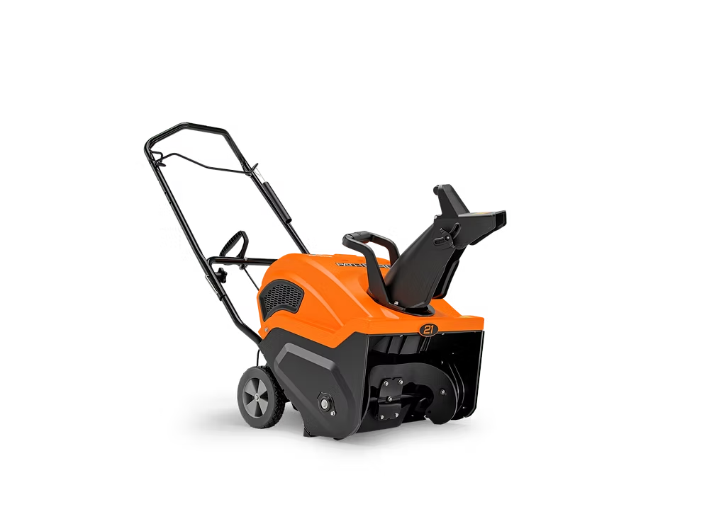 Orange snow blower with black chute and handle on a white background