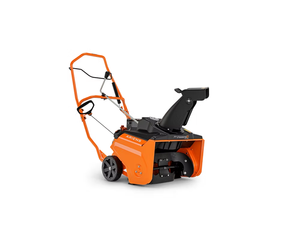 Orange and black snow blower with folding handle and wheels on a white background