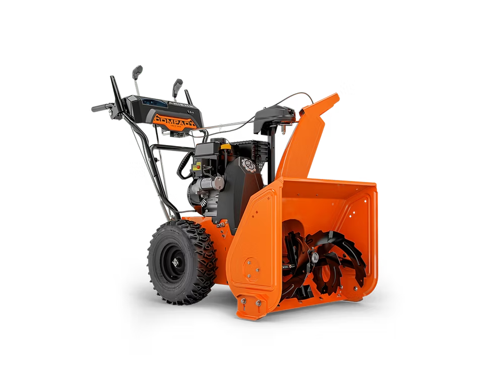 Orange snow blower with black handlebars and wheels, shown on a white background.