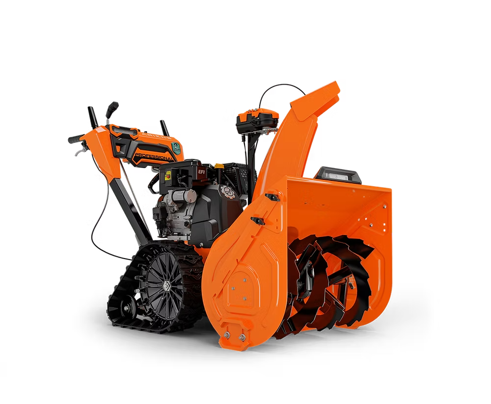Orange snow blower with black tracks and auger, shown on a white background