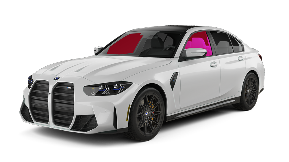 White Tesla sedan with black wheels and pink-tinted windows, angled on a white background. The headlights have blue accents.
