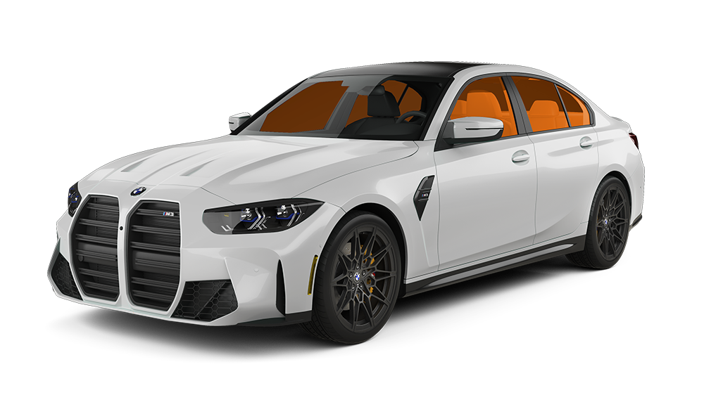 White Tesla sedan with tinted orange windows and black wheels on a white background.