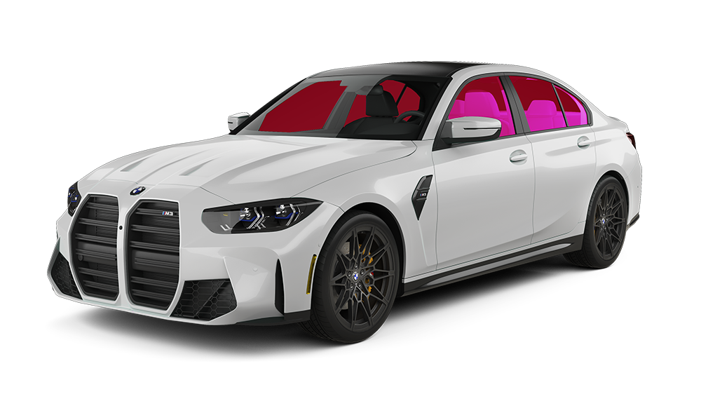 White Tesla sedan with black wheels, pink tinted windows, and turquoise headlights, on a white background.