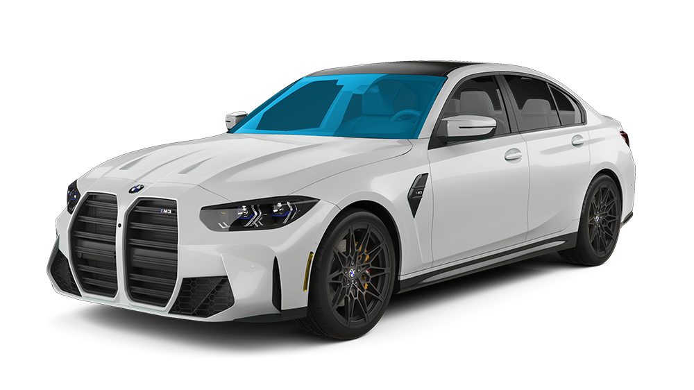 White Tesla sedan with black wheels against a white background. Blue tinted windows and headlights add detail.