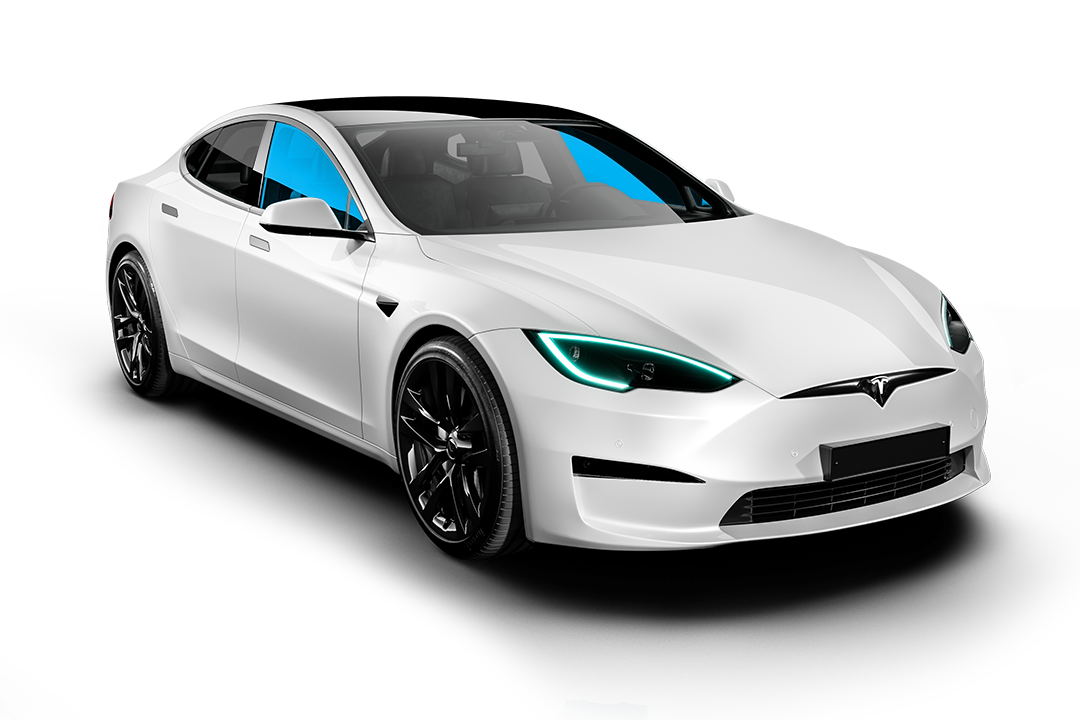 White Tesla sedan with black wheels, tinted windows, and bright blue headlights.
