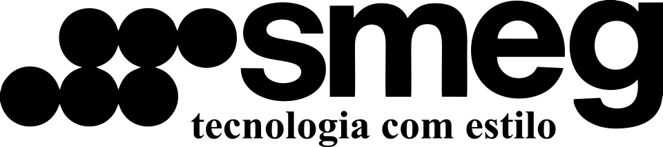 Um logotipo smeg preto e branco em um fundo branco